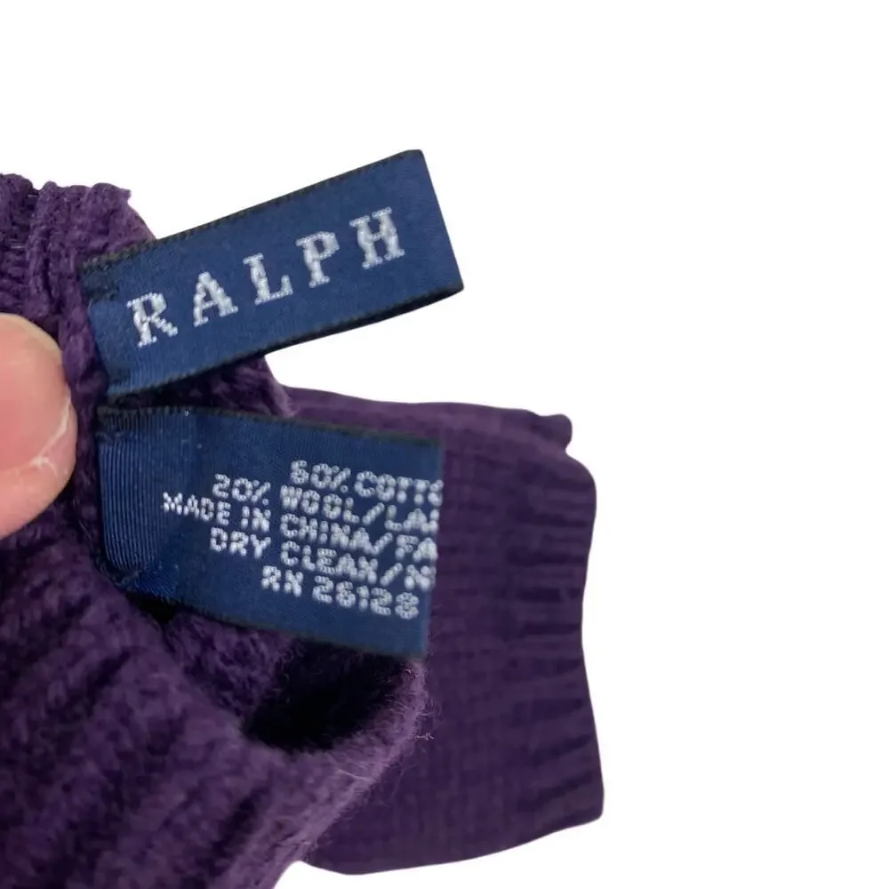 Ralph Lauren Women Gloves One Size Pony Logo Cable Knit Purple Cozy Wool Blend